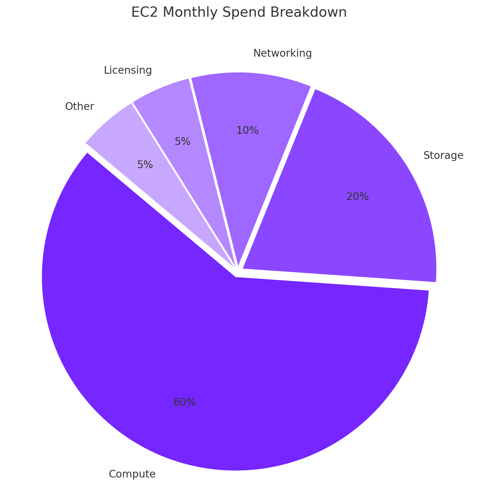 A pie chart showing the typical breakdown of monthly EC2 spend across compute hours, storage, data transfer, and other costs